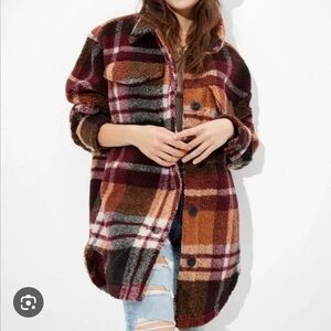 American Eagle Plaid Sherpa Jacket in Burgundy and Orange